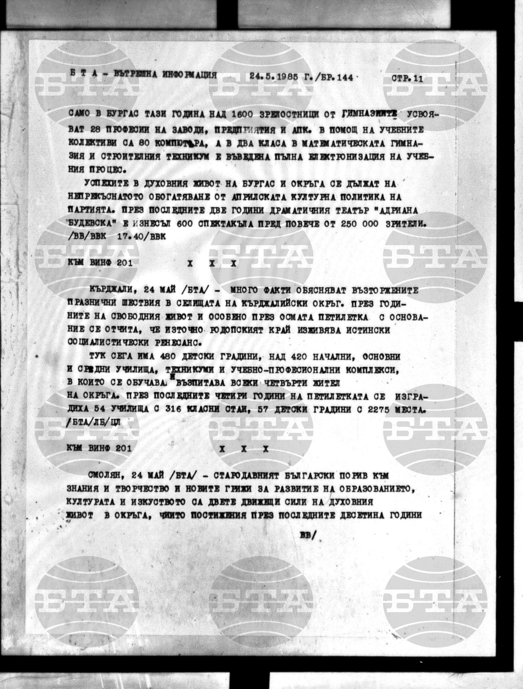 Вътрешна информация 24 май - 28 май 1985